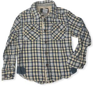 Buffalo blue yellow plaid button up flannel Fleur de lis print "Royalty" size 4